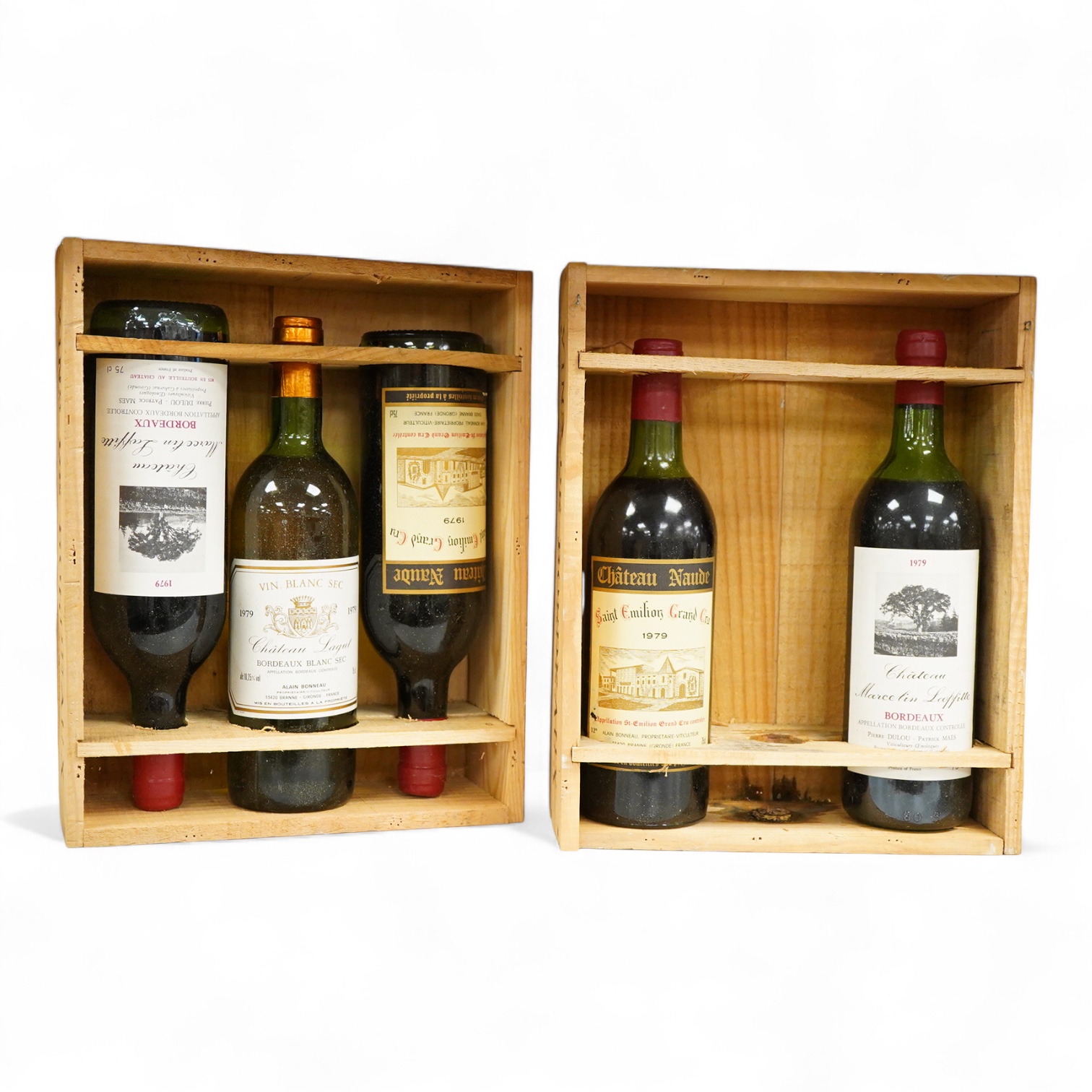 Five bottles of wine to include: two bottles of Bordeaux Chateau Marcelin Lafitte, 1979, two bottles of Chateau Naude Saint Emilion Grand Cu 1979 and a Chateau Lagut Bordeaux Blanc Sec 1979.